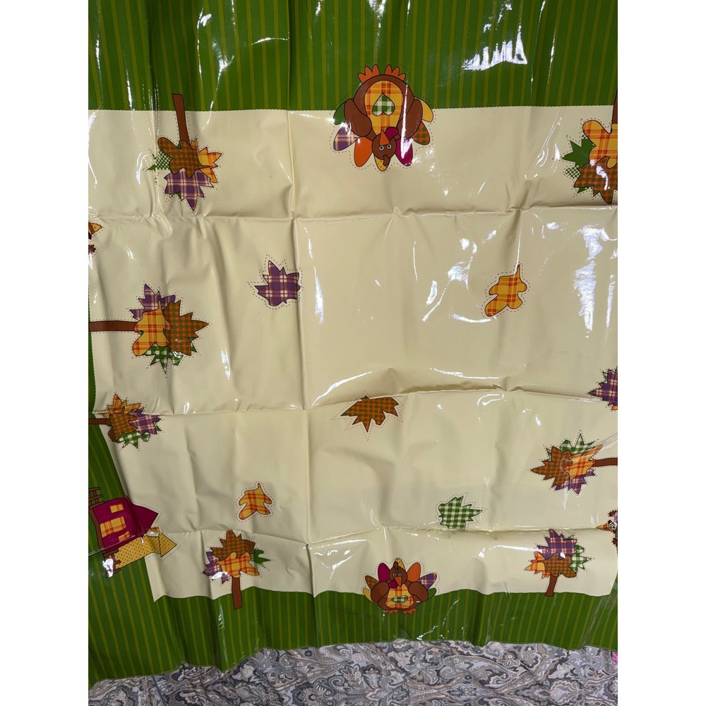 Vintage Thanksgiving Vinyl Tablecloth Turkey Scarecrow Harvest 44x44